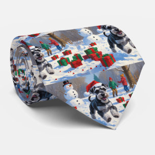 Schnauzer Running in Snow with Christmas Hat Tie