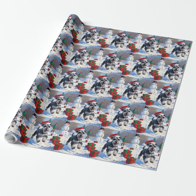 Schnauzer Running in Snow with Christmas Hat Wrapping Paper (Unrolled)