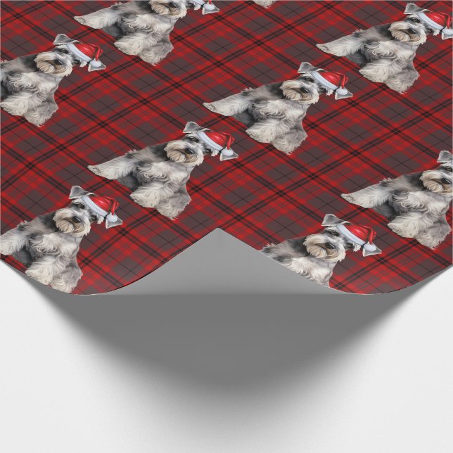 Schnauzer Santa Dog Holiday Plaid Christmas Wrapping Paper (Corner)