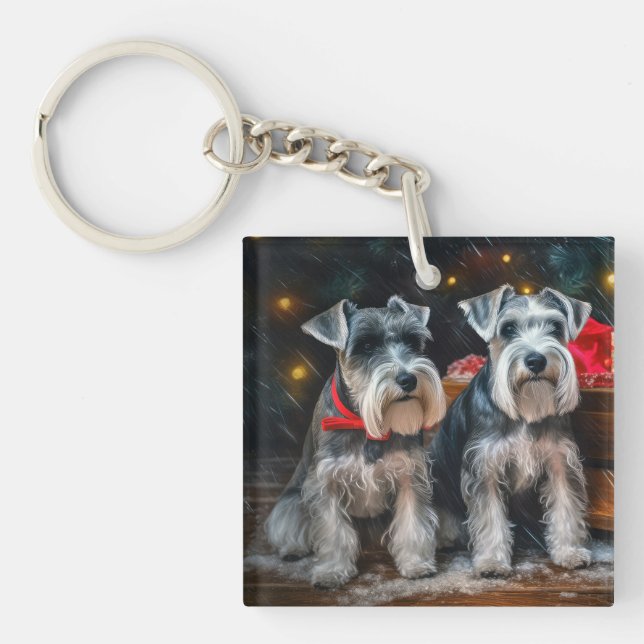 Schnauzer Snowy Sleigh Christmas Decor  Keychain (Front)