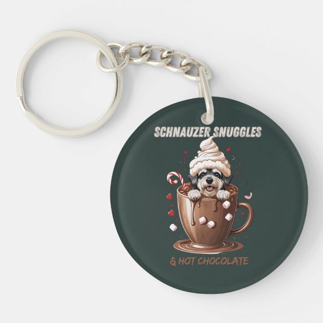 Schnauzer Snuggles & Hot Chocolate Keychain (Front)