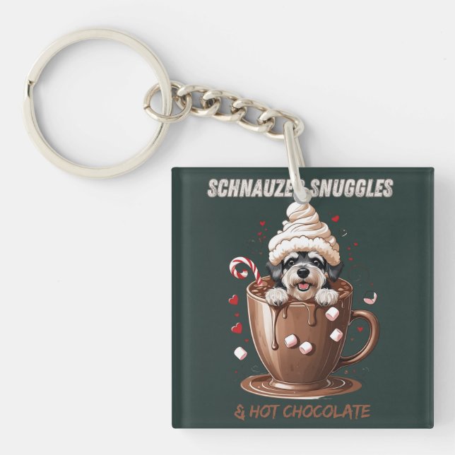 Schnauzer Snuggles & Hot Chocolate Keychain (Front)