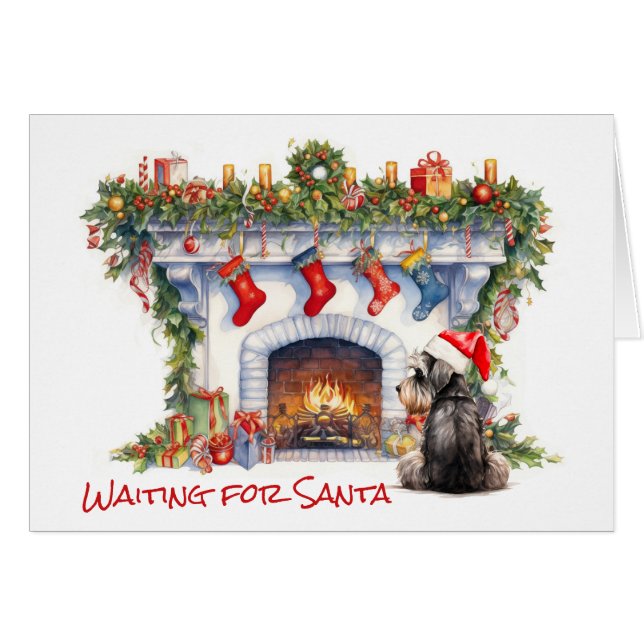 Schnauzer Terrier Wait for Santa Fireplace (Front Horizontal)