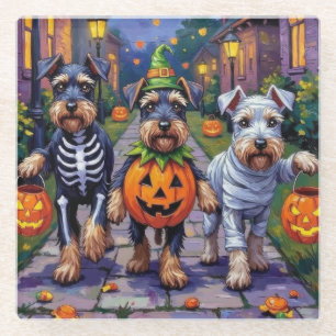 Schnauzer Trick-or-Treating in Halloween Costumes Glass Coaster