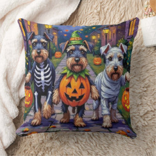 Schnauzer Trick-or-Treating in Halloween Costumes Throw Pillow