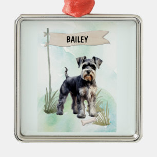 Schnauzer Watercolor Personalized Dog Metal Ornament