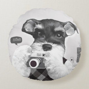 Schnauzer with Camera Round Pillow