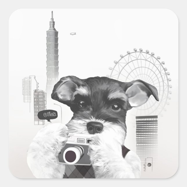 Schnauzer with Camera Square Sticker (Front)