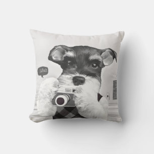 Schnauzer with Camera Throw Pillow