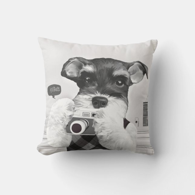 Schnauzer with Camera Throw Pillow (Front)