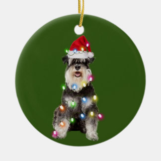 Schnauzer With Christmas Scafts Santa Hat Ceramic Ornament