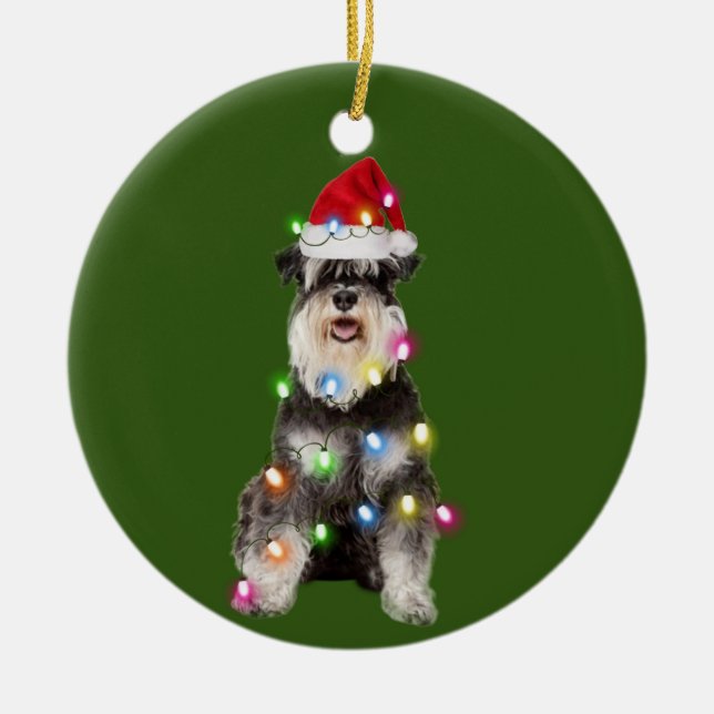 Schnauzer With Christmas Scafts Santa Hat Ceramic Ornament (Front)