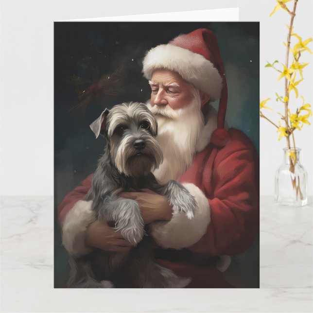 Schnauzer With Santa Claus Festive Christmas Card (Yellow Flower)
