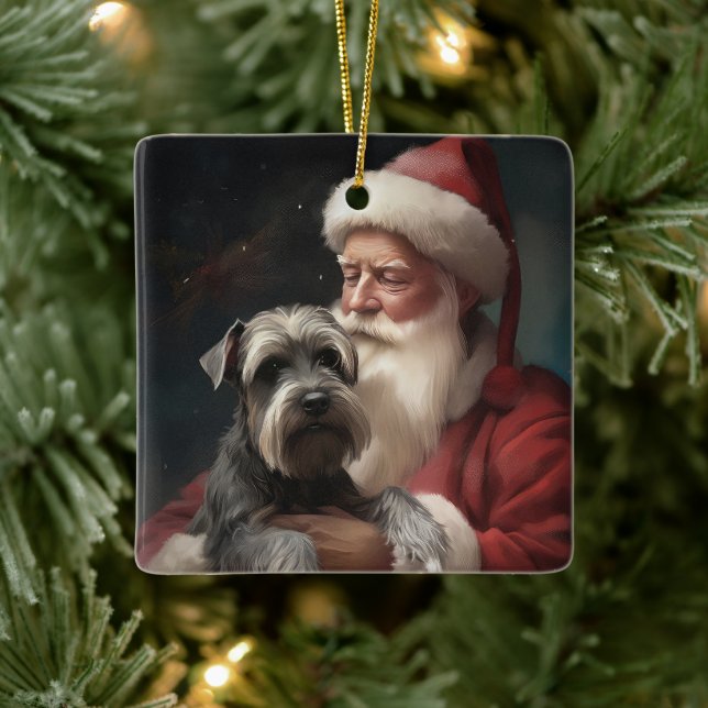 Schnauzer With Santa Claus Festive Christmas Ceramic Ornament (Tree)