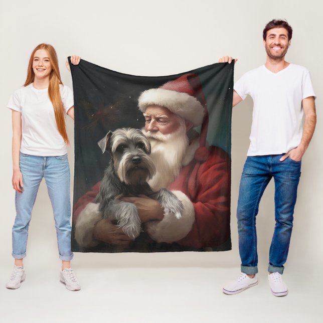Schnauzer With Santa Claus Festive Christmas Fleece Blanket (In Situ)