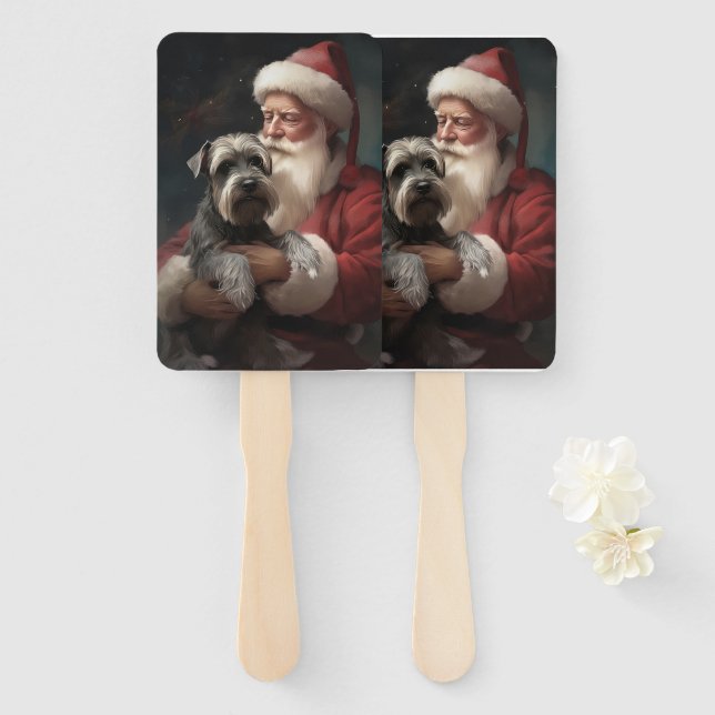 Schnauzer With Santa Claus Festive Christmas Hand Fan (Front and Back)