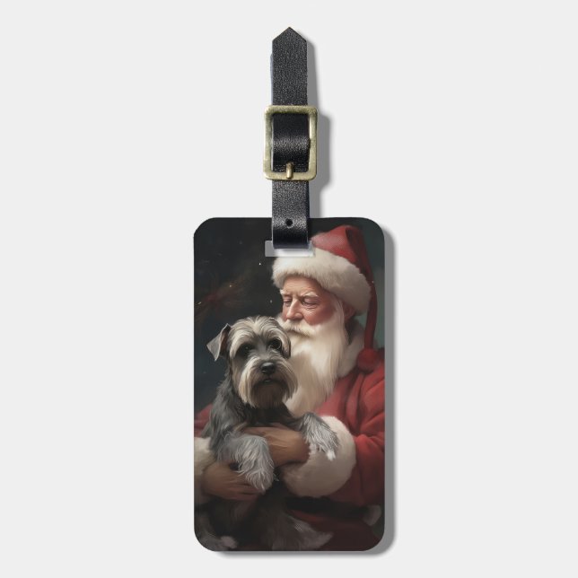 Schnauzer With Santa Claus Festive Christmas Luggage Tag (Front Vertical)