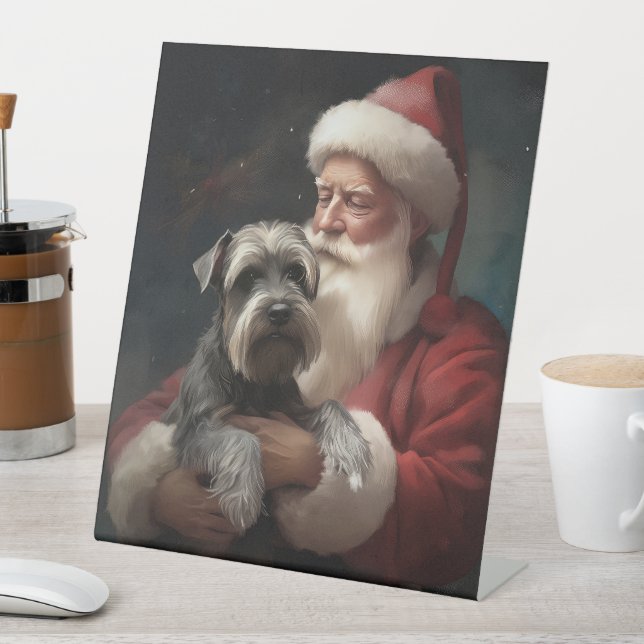 Schnauzer With Santa Claus Festive Christmas Pedestal Sign (In SItu)