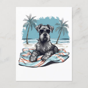 Schnauzer with sunglasses at the beach postcard