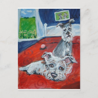 schnauzers on bed postcard