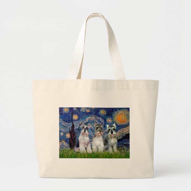 Schnauzers (three) - Starry Night Large Tote Bag (Front)
