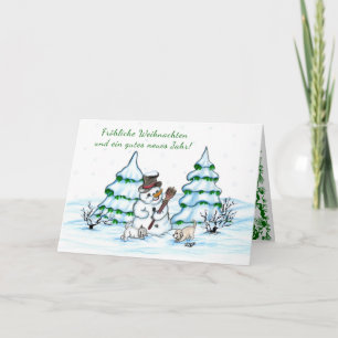 Schneemann mit Katze und Hundewelpe auf Deutsch Holiday Card