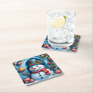 Schneemann mit Weihnachtsdeko - Square Paper Coaster