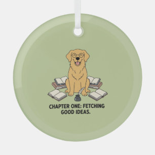 Scholar Golden Retriever Dog Books Green Art Glass Ornament