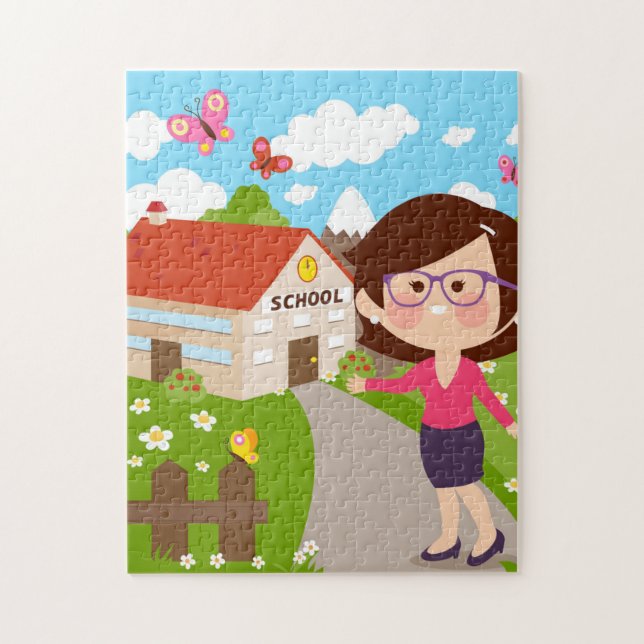School and Teacher Red Roof Flower Garden  Jigsaw Puzzle (Vertical)