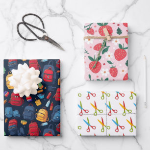 School Backpack Strawberry Scissors Wrapping Paper Sheet
