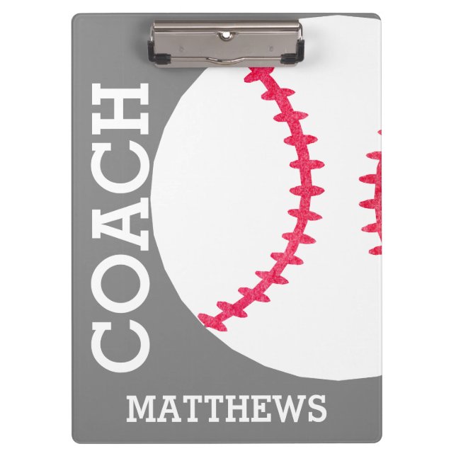 School Baseball Coach Personalized Grey Trendy Clipboard (Front)