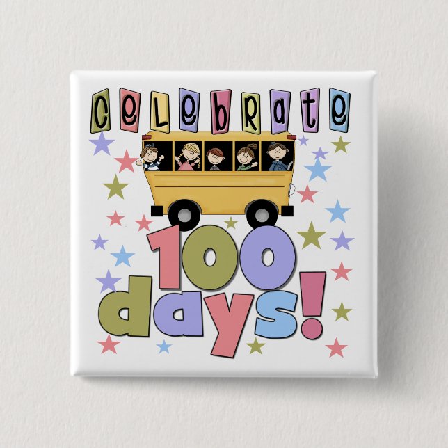 School Bus 100 Days Tshirts and Gifts 2 Inch Square Button (Front)