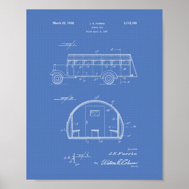 School Bus 1937 Patent Art Blueprint Poster (Front)