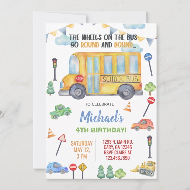 School Bus boy birthday invite, invitation. Invitation (Front)