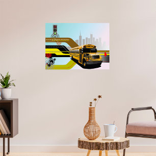 School Bus City Scene Poster