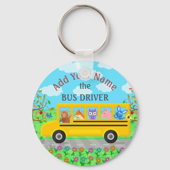 School Bus Driver Cute Animals | Personalized Name Keychain (Front)
