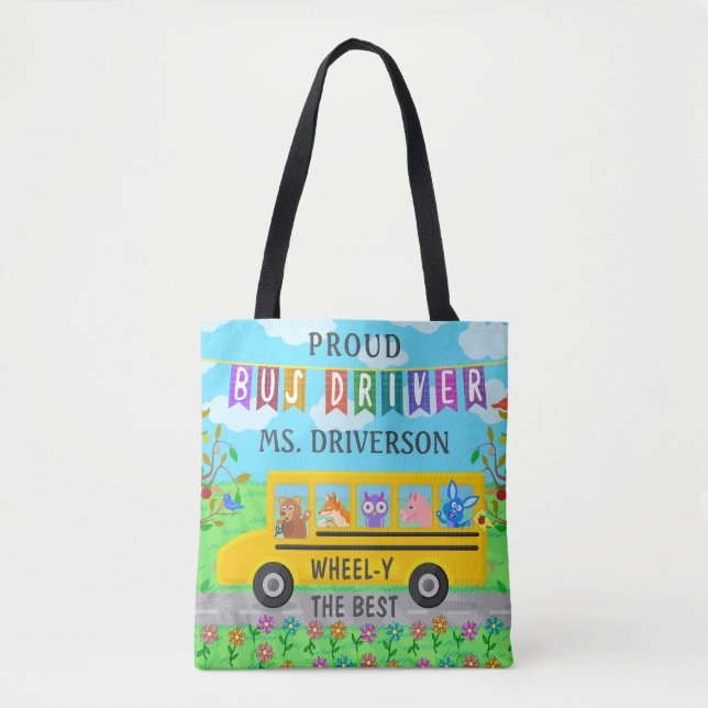 School Bus Driver Cute Animals | Personalized Name Tote Bag (Front)