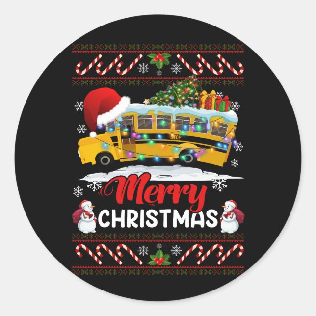School Bus Driver Merry Christmas Lights Xmas Ugly Classic Round Sticker (Front)