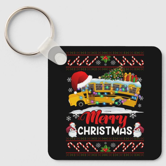 School Bus Driver Merry Christmas Lights Xmas Ugly Keychain (Front)