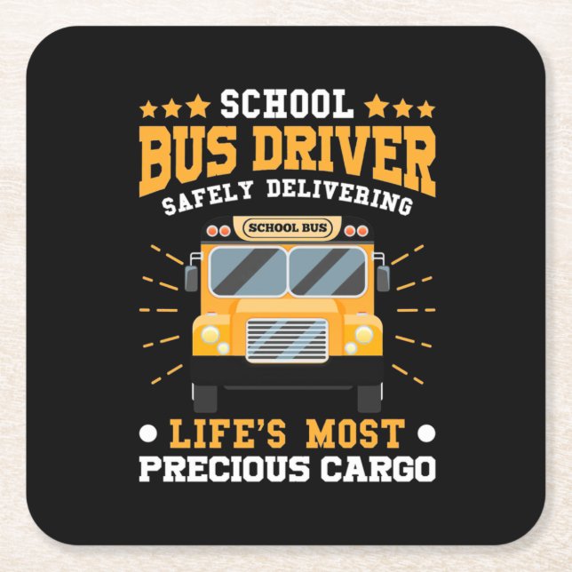 School Bus Driver Safely Delivering Square Paper Coaster (Front)