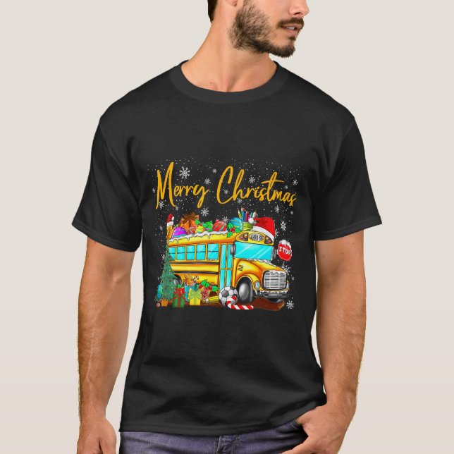 School Bus Driver Santa Hat Merry Christmas Tree M T-Shirt (Front)