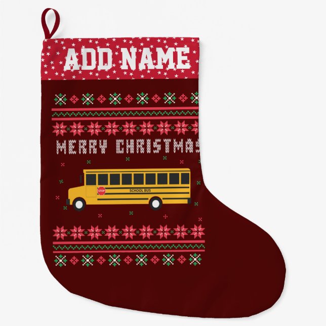 School Bus Ugly Christmas Sweater Large Christmas Stocking (Front)