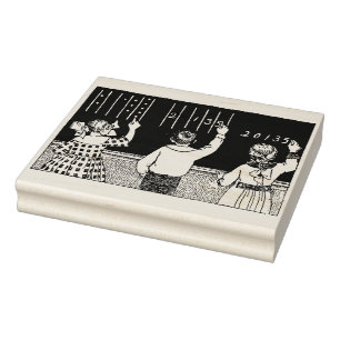 School Children at Chalkboard Vintage Art Stamp