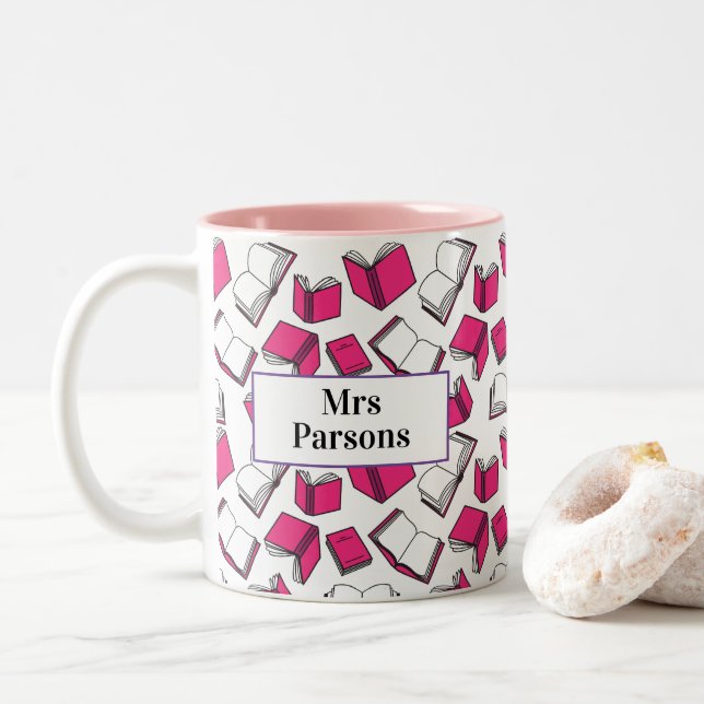 School Class Teacher Pink Librarian Books Pattern Two-Tone Coffee Mug (With Donut)