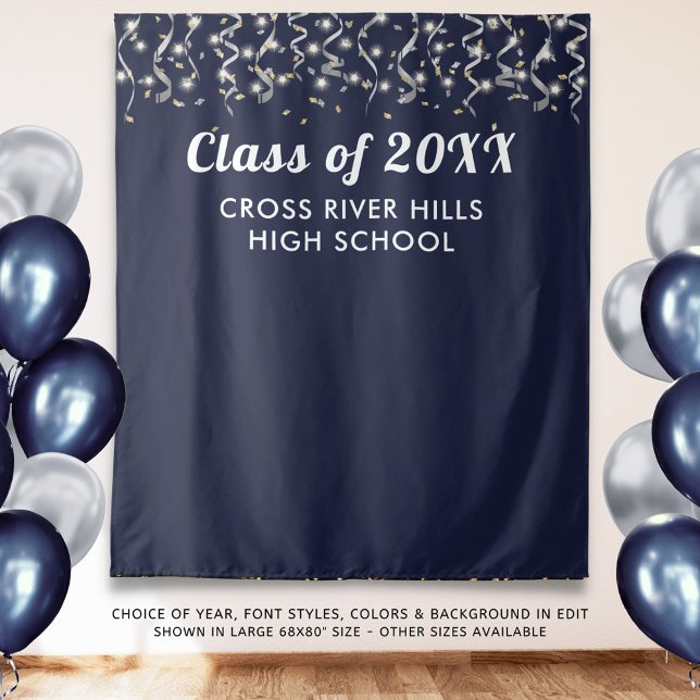 School Class Year Photo Backdrop Navy Blue Silver  Tapestry (Creator Uploaded)