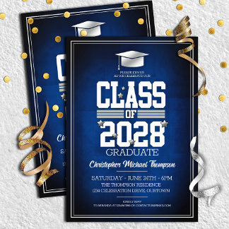 School Colours Blue | Silver Graduation Party Invitation