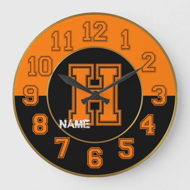 School Colours Clock, Orange & Black Letter H Large Clock (Front)