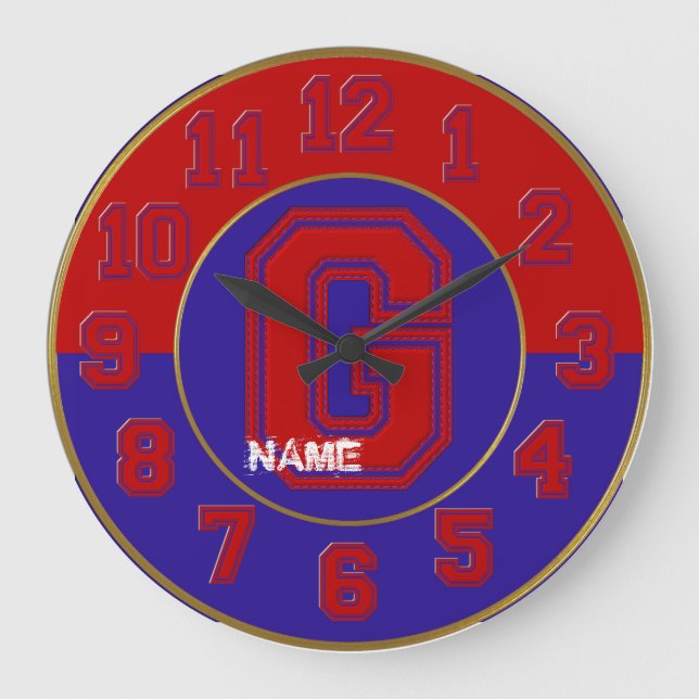 School Colours Clock, Red & Blue Letter G Large Clock (Front)
