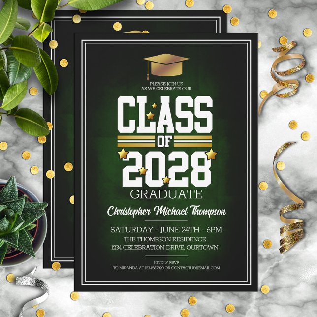 School Colours Green and Gold Graduation Party Invitation (Creator Uploaded)