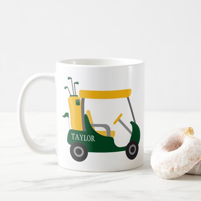 School Colours - Green & Gold Golf Cart Coffee Mug (With Donut)